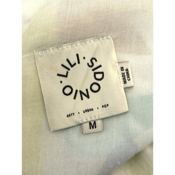 Lili Sidonio White Baby Doll Blue Maxi Abstract Print Short Sleeve Dress Sz M - Picture 4 of 6